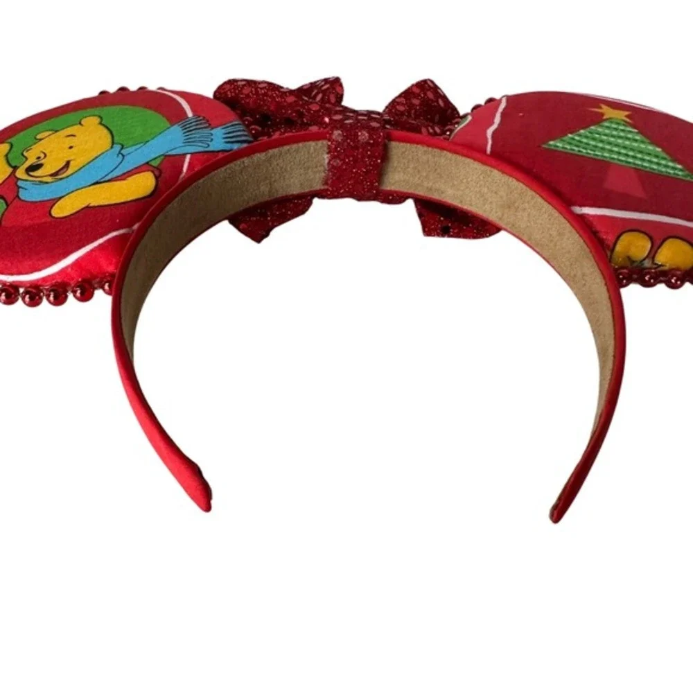 Winnie the Pooh Christmas Mickey Ears Headband Red Sequin Bow Holiday Handmade